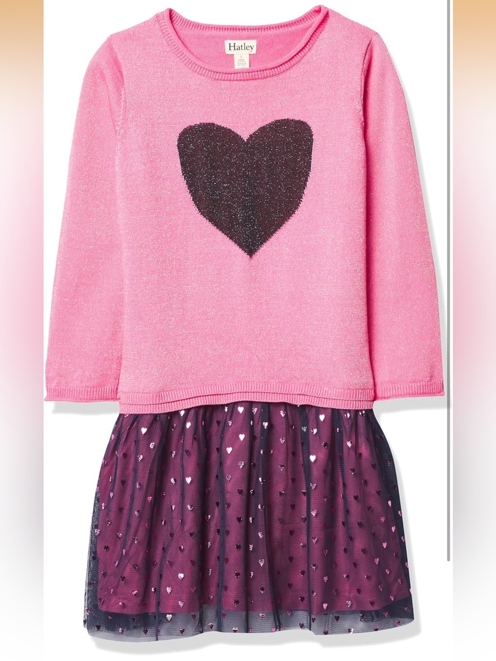 Hatley Girl’s Drop Waist Tulle Dress Glitter Hearts Pink Navy Knit Tulle Size 6